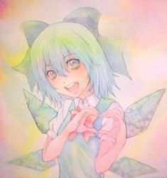 Rule 34 | 1girl, acrylic paint (medium), blue hair, bow, cirno, eyelashes, graphite (medium), hair bow, heart, heart-shaped pupils, heart hands, highres, ice, ice wings, painting (medium), portrait, short hair, smile, solo, symbol-shaped pupils, teeth, touhou, traditional media, watercolor (medium), wings, yuyu (00365676)
