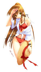 Rule 34 | 1girl, bikini, brown hair, hat, jewelry, long hair, necklace, open clothes, open shirt, original, ponytail, shirt, solo, swimsuit, ueda ryou, very long hair, yellow eyes