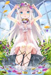 Rule 34 | 1girl, :o, armlet, armpits, arms up, babydoll, blue eyes, blue sky, blunt bangs, breasts, cloud, cloudy sky, day, elf, facepaint, fish, flower, flower necklace, indoors, jewelry, legs together, long hair, looking at viewer, necklace, nekometaru, original, parted lips, plant, pointy ears, pond, sitting, sky, small breasts, soaking feet, solo, tropical fish, white hair, window