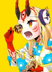 Rule 34 | 1girl, 7meill, alternate costume, black nails, blonde hair, character mask, claws, commentary request, fangs, fate/grand order, fate (series), fingernails, food, gradient hair, horns, ibaraki douji (fate), japanese clothes, kimono, lower teeth only, mask, mask on head, multicolored hair, nail polish, open mouth, orange eyes, sharp fingernails, shuten douji (fate), simple background, skin-covered horns, solo, takoyaki, tattoo, teeth, toothpick, yellow background, yukata