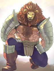 Rule 34 | 1boy, armor, bara, blue pants, boots, brown footwear, brown hair, chest hair, commentary request, fuga9, full body, furry, furry male, grey background, knee boots, kneeling, large pectorals, lion boy, looking at viewer, male focus, morard (unicorn overlord), muscular, muscular male, nipples, on one knee, paid reward available, pants, pauldrons, pectorals, red eyes, shoulder armor, simple background, solo, topless male, unicorn overlord