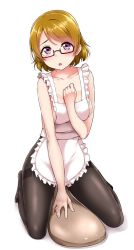 Rule 34 | 1girl, :o, apron, between legs, black pantyhose, blush, brown hair, clenched hand, collarbone, commentary request, frilled apron, frills, glasses, hand between legs, highres, kneeling, koizumi hanayo, looking at viewer, love live!, love live! school idol project, nearly naked apron, oversized object, pantyhose, purple eyes, semi-rimless eyewear, shamoji, short hair, simple background, solo, thighband pantyhose, under-rim eyewear, white background, yopparai oni, ||/