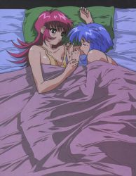 Rule 34 | 2girls, aqua eyes, bed sheet, blue hair, bright pupils, closed eyes, face-to-face, flipped hair, kimura takahiro, lilia milcrabe, long hair, lying, multiple girls, official art, on back, on side, pillow, pink hair, raika grace, short hair, under covers, viper, viper f40, yuri