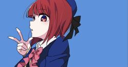 Rule 34 | 1girl, arima kana, beret, black bow, blue background, blue hat, blue jacket, bob cut, bow, bowtie, chinese commentary, collared shirt, commentary request, dress shirt, hand up, hat, hat bow, highres, idol (yoasobi), inverted bob, jacket, long sleeves, no pupils, open mouth, oshi no ko, pink bow, pink bowtie, red eyes, red hair, school uniform, shirt, shuoruoranxing, simple background, sleeves past wrists, solo, w, white shirt, yoasobi, youtou high school uniform