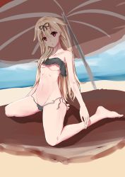 Rule 34 | 1girl, absurdres, alternate costume, arms at sides, bare arms, bare shoulders, barefoot, beach, beach umbrella, bikini, blonde hair, blush, breasts, collarbone, day, dozero, eyes visible through hair, hair between eyes, hair flaps, hair ornament, hair ribbon, highres, kantai collection, long hair, looking at viewer, medium breasts, navel, open mouth, panties, red eyes, ribbon, sand, side-tie bikini bottom, side-tie panties, sitting, solo, swimsuit, umbrella, underboob, underwear, untied bikini, untied panties, yuudachi (kancolle)