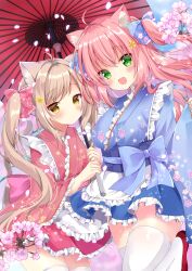 Rule 34 | 2girls, :d, ahoge, animal ear fluff, animal ears, apron, blue bow, blue kimono, blush, bow, cat ears, cat girl, cat tail, cherry blossoms, floral print kimono, flower, frilled apron, frilled kimono, frills, green eyes, hair bow, hair flower, hair ornament, hamico, haruka (hamico), highres, holding, holding umbrella, japanese clothes, kimono, kokona (hamico), light brown hair, multiple girls, open mouth, original, parasol, pink bow, pink hair, pink kimono, smile, swept bangs, tail, thighhighs, twintails, umbrella, white thighhighs, yellow eyes
