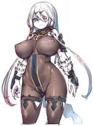 Rule 34 | 1girl, atelier (series), atelier ryza, atelier ryza 2, blue eyes, bodystocking, breasts, cameltoe, cleft of venus, closed mouth, colored skin, contrapposto, copyright request, covered erect nipples, covered navel, cropped legs, crossed bangs, fingernails, hair between eyes, heterochromia, highres, kosuke orz, large breasts, lila decyrus, long hair, looking at viewer, red eyes, sharp fingernails, sidelocks, simple background, solo, very long hair, white background, white hair, white skin
