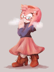 Rule 34 | 1girl, amy rose, animal ears, animal nose, blue hoodie, blush, bow, brown bow, brown footwear, brown shirt, commentary request, eyelashes, footwear bow, full body, furry, furry female, glasses, gloves, green eyes, grey background, hairband, hands up, hedgehog ears, hedgehog girl, hood, hoodie, long sleeves, looking at viewer, open mouth, own hands together, pink fur, pink gloves, pink skirt, puffy long sleeves, puffy sleeves, red hairband, shadow, shirt, simple background, skirt, smile, socks, solo, sonic (series), standing, steam, t akiko, teeth, tongue, white socks