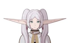 Rule 34 | 1girl, absurdres, blush, capelet, closed mouth, commentary, earrings, elf, english commentary, eyelashes, frieren, gradient background, green eyes, grey hair, hair intakes, highres, jewelry, long hair, looking at viewer, parted bangs, peachkuns, pink background, pointy ears, short eyebrows, sidelocks, simple background, smile, solo, sound effects, sousou no frieren, sparkle, thick eyebrows, twintails, upper body, very long ears, white background, white capelet, white hair