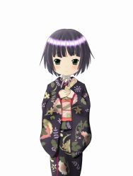 Rule 34 | 1girl, black hair, floral print, green eyes, ikoku meiro no croisee, japanese clothes, kimono, looking at viewer, obi, own hands together, sash, short hair, simple background, solo, standing, yune (ikoku meiro no croisee)