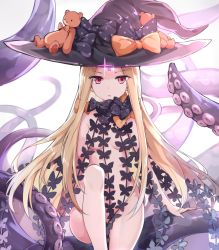 Rule 34 | 1girl, :o, abigail williams (fate), abigail williams (second ascension) (fate), ass, bad id, bad pixiv id, bare legs, black bow, black hat, blonde hair, bow, breasts, cowboy shot, fate/grand order, fate (series), hat, hat bow, knee up, long hair, looking at viewer, no bra, no panties, orange bow, parted bangs, parted lips, polka dot, polka dot bow, red eyes, revealing clothes, simple background, small breasts, solo, stuffed animal, stuffed toy, teddy bear, tentacles, thighs, user nexz2257, white background, witch hat