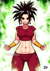 Rule 34 | 10s, 1girl, abs, aura, black eyes, black hair, bracer, breasts, clenched hand, curvy, dragon ball, dragon ball super, earrings, female focus, fusion, jadenkaiba, jewelry, kefla (dragon ball), large breasts, looking at viewer, navel, ponytail, potara earrings, saiyan, smile, solo, spiked hair, stomach, thigh gap, thighs, toned