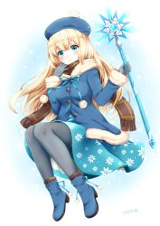 Rule 34 | 1girl, absurdres, bad id, bad pixiv id, beret, blonde hair, blue eyes, blue footwear, blue hat, blue jacket, blue ribbon, blue skirt, blush, boots, breasts, brown scarf, character request, closed mouth, commentary request, crystal, fringe trim, full body, fur-trimmed jacket, fur-trimmed sleeves, fur trim, gloves, grey gloves, grey pantyhose, hair between eyes, hat, head tilt, hearts recollection, highres, holding, holding staff, jacket, long hair, long sleeves, medium breasts, omoomomo, pantyhose, pom pom (clothes), print skirt, revision, ribbon, scarf, signature, sitting, skirt, smile, solo, staff, very long hair