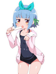 Rule 34 | 1girl, :o, blue hair, blunt bangs, brown eyes, cardigan, fang, flat chest, food, hair ornament, hair ribbon, one-piece swimsuit, original, paw pose, popsicle, ribbon, sasago kaze, school swimsuit, short hair, sidelocks, simple background, solo, swimsuit
