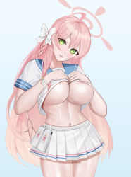 Rule 34 | 1girl, absurdres, blue archive, blush, bow, braid, breasts, clothes lift, commentary, english commentary, feet out of frame, gcg, green eyes, hair bow, halo, hanako (blue archive), hands on own chest, highres, large breasts, long hair, looking at viewer, navel, no bra, open mouth, parted lips, pink hair, school uniform, serafuku, shirt, shirt lift, simple background, skirt, solo, standing, underboob, white shirt, white skirt