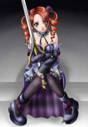 Rule 34 | 1041 (toshikazu), 1girl, amy sorel, bare shoulders, blue eyes, choker, corset, detached sleeves, dress, drill hair, fishnet thighhighs, fishnets, flower, gothic lolita, lolita fashion, red hair, rose, sitting, solo, soul calibur, soulcalibur, soulcalibur iii, sword, thighhighs, twintails, weapon