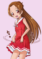 Rule 34 | 1girl, :d, bakusai, brown hair, dokidoki! precure, dress, long hair, madoka aguri, open mouth, pink background, precure, red dress, red eyes, simple background, smile, solo