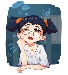Rule 34 | 1girl, ?, ??, black hair, bored, glasses, hand on own cheek, hand on own face, head rest, heart, highres, mglame, open mouth, orange eyes, original, round eyewear, short hair, short twintails, solo, thought bubble, twintails, upper body