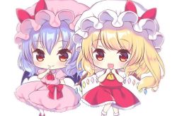 Rule 34 | 2girls, :d, blonde hair, bow, chibi, dress, flandre scarlet, hat, kagome f, looking at viewer, mob cap, multiple girls, open mouth, pink dress, pink hat, red bow, red dress, red eyes, remilia scarlet, short hair, short sleeves, silver hair, simple background, smile, touhou, white background, white hat, yellow neckwear