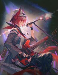 Rule 34 | 1girl, absurdres, arknights, bandana, bandana around neck, beanie, belt, black belt, black gloves, black jacket, black nails, black pants, bracelet, cheering, concert, dog tags, ear piercing, earrings, electric guitar, english text, feather hair, fiammetta (arknights), fingerless gloves, gloves, glowstick, grey shirt, guitar, hair between eyes, hat, highres, holding, holding instrument, holding microphone, instrument, jacket, jewelry, leather, leather gloves, light particles, luren max, medium hair, microphone, microphone stand, music, nail polish, open mouth, pants, piercing, playing instrument, red bandana, red eyes, red hair, shirt, singing, solo focus, spotlight, teeth, upper teeth only, white headwear, wide sleeves