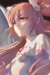 Rule 34 | 1girl, arms at sides, breasts, chelonia, choker, close-up, dark background, dress, eyelashes, eyes visible through hair, glowing, hair ribbon, happy, highres, kaname madoka, long hair, looking away, mahou shoujo madoka magica, mahou shoujo madoka magica (anime), pink hair, ribbon, shaded face, simple background, small breasts, smile, solo, two side up, ultimate madoka, upper body, very long hair, white choker, white dress, white neckwear, white ribbon, wide sleeves, yellow eyes