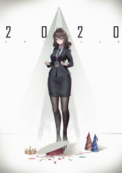 Rule 34 | 1girl, bad id, bad pixiv id, birthday cake, black footwear, black jacket, black necktie, black pantyhose, black skirt, blush, breasts, brown eyes, brown hair, cake, closed mouth, collared shirt, commentary, crown, dated, diagonal stripes, english commentary, food, full body, hair between eyes, hat, high heels, highres, jacket, lanyard, long sleeves, medium breasts, necktie, office lady, original, pantyhose, party hat, pencil skirt, shirt, skirt, solo, standing, striped clothes, striped headwear, white shirt, yurichtofen
