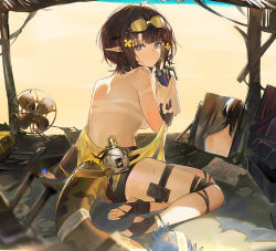 Rule 34 | 1girl, anklet, arknights, bare shoulders, black hair, blue eyes, blue nails, bottle, breasts, commentary request, convenient arm, electric fan, eunectes (arknights), feet, flower, goggles, goggles on head, hair flower, hair ornament, highres, holding, holding bottle, jewelry, koio, looking at viewer, looking back, mirror, multiple straps, nail polish, pointy ears, reflection, resolution mismatch, short hair, short shorts, shorts, sitting, snake tail, solo, source larger, sweatdrop, tail, tan, tanline, thigh strap, thighs, toenail polish, toenails, topless, wrist guards, yellow nails