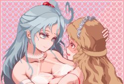 Rule 34 | 2girls, bad id, bad twitter id, breasts, brown hair, cleavage, closed mouth, commentary, english commentary, grey eyes, grey hair, hair bobbles, hair ornament, hand in another&#039;s hair, heart, heart background, large breasts, long hair, looking at another, maid headdress, multiple girls, nukekip, one side up, pink background, pixel art, shinki (touhou), smile, sweat, touhou, touhou (pc-98), upper body, yellow eyes, yumeko (touhou), yuri