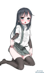 Rule 34 | 10s, 1girl, arm warmers, asashio (kancolle), bad id, bad pixiv id, black hair, black thighhighs, blue eyes, clothes lift, dress shirt, highres, kantai collection, kneeling, long hair, looking at viewer, mitsudoue, open mouth, pleated skirt, school uniform, shirt, simple background, skirt, skirt lift, suspenders, thighhighs