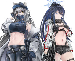 Rule 34 | 2girls, absurdres, animal ears, arknights, bare shoulders, baseball cap, belt, black scarf, black shorts, blue archive, blue eyes, blue gloves, blue hair, blue headwear, blue pants, blue shirt, bow (weapon), breasts, cat ears, cleavage, coat, commentary request, cosplay, cowboy shot, crop top, crossbow, ears through headwear, fingerless gloves, gloves, grey coat, grey hair, gun, hat, highres, holding, holding crossbow, holding gun, holding weapon, jacket, kisumun, large breasts, leggings, long hair, long sleeves, looking at viewer, mask, midriff, mouth mask, multiple girls, navel, off shoulder, open clothes, open coat, open jacket, pants, ponytail, saori (blue archive), saori (blue archive) (cosplay), scarf, schwarz (arknights), schwarz (arknights) (cosplay), shirt, short shorts, shorts, simple background, sleeveless, sleeveless shirt, standing, stomach, thigh strap, thighs, very long hair, weapon, white background, white jacket, yellow eyes