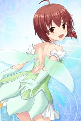 Rule 34 | 1girl, absurdres, ahoge, alternative girls, arm behind back, bare back, blue background, brown eyes, brown hair, dress, gloves, green dress, green gloves, highres, looking at viewer, looking back, official art, open hand, open mouth, short hair, smile, solo, yuuki miyaka
