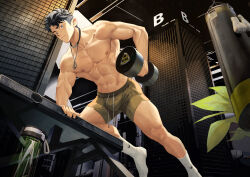 Rule 34 | 1boy, abs, absurdres, bara, black hair, blue eyes, bottle, bulge, closed mouth, covered abs, dumbbell, exercising, from below, green shorts, highres, holding, jewelry, large pectorals, male focus, muscular, muscular male, nanyu1998, navel, necklace, nipples, original, pectorals, short hair, shorts, solo, thick thighs, thighs, topless male, water bottle, weightlifting