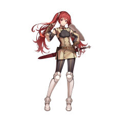 Rule 34 | 1girl, absurdres, armor, armored boots, belt, belt pouch, boots, breasts, closed mouth, commentary request, dress, fingerless gloves, fire emblem, fire emblem awakening, fire emblem heroes, full body, gloves, hand on own hip, hand up, highres, konfuzikokon, long hair, looking at viewer, nintendo, official art, pantyhose, pouch, red eyes, red hair, serious, severa (fire emblem), sheath, sheathed, short dress, shoulder armor, simple background, small breasts, solo, standing, striped, sword, turtleneck, twintails, vertical stripes, weapon, white background