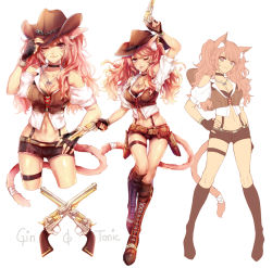 Rule 34 | 1girl, ;), ;p, adjusting clothes, adjusting headwear, animal ears, bare shoulders, black gloves, blush, boots, breasts, brown footwear, cat ears, cat girl, cat tail, character sheet, choker, cleavage, clothing cutout, collarbone, cowboy hat, cowboy shot, cross-laced footwear, dual wielding, facial mark, fingerless gloves, full body, gloves, gun, hand on own hip, handgun, hat, holding, holster, lace-up boots, long hair, medium breasts, multiple views, navel, one eye closed, original, pink eyes, pink hair, puffy short sleeves, puffy sleeves, revolver, short shorts, short sleeves, shorts, shoulder cutout, smile, suspender shorts, suspenders, tail, thigh strap, tongue, tongue out, twintails, wavy hair, weapon, white background, yuli (yulipo)
