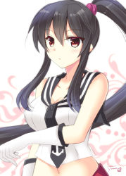 Rule 34 | 10s, 1girl, :&lt;, anchor symbol, bare shoulders, black hair, black neckerchief, breasts, collarbone, commentary request, eyebrows, frown, gloves, hair between eyes, hair ornament, hair scrunchie, kantai collection, large breasts, long hair, looking at viewer, midriff, navel, neckerchief, ponytail, red eyes, school uniform, scrunchie, serafuku, signature, sleeveless, solo, tamagawa yukimaru, upper body, white gloves, yahagi (kancolle)