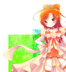 Rule 34 | 10s, 1girl, blush, bow-shaped hair, cure sunny, cure sunny (princess form), dress, green background, hand on own hip, hino akane (smile precure!), long hair, magical girl, orange dress, orange skirt, precure, skirt, smile, smile precure!, solo, tiara, yoshizoe eiko