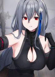 Rule 34 | 1girl, arknights, black gloves, blue ribbon, breasts, cleavage cutout, clothing cutout, collar, commentary request, dress, elbow gloves, gloves, grey hair, hair ribbon, hayabusa, highres, large breasts, long hair, looking at viewer, pantyhose, parted lips, red eyes, ribbon, sidelocks, skadi (arknights), slit pupils, solo