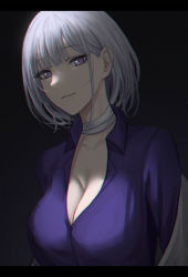 Rule 34 | 1girl, bad id, bad pixiv id, bandaged neck, bandages, black background, blunt bangs, breasts, cleavage, collared shirt, dress shirt, girls&#039; frontline, grey hair, hair behind ear, highres, large breasts, looking at viewer, partially unbuttoned, purple eyes, purple shirt, rpk-16 (girls&#039; frontline), rpk-16 (renate) (girls&#039; frontline), selcky, shirt, short hair, smirk, upper body