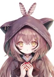 1girl animal_hood brown_hair cat_hood food fruit hair_ornament hairclip highres holding holding_food holding_fruit hololive hololive_english hood long_hair looking_at_viewer megts0331 nanashi_mumei nanashi_mumei_(1st_costume) solo upper_body virtual_youtuber yellow_eyes