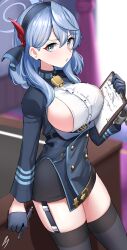 Rule 34 | 1girl, absurdres, ako (blue archive), black hairband, black skirt, black thighhighs, blue archive, blue eyes, blue gloves, blue hair, blue halo, blue jacket, blush, breasts, gloves, hair between eyes, hairband, halo, highres, holding, holding pen, jacket, large breasts, long hair, long sleeves, looking at viewer, nichijo, parted lips, pen, shirt, sideboob, signature, skirt, solo, thighhighs, white shirt
