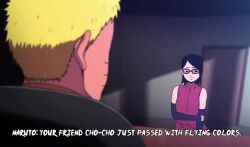 Rule 34 | 1boy, 1girl, age difference, bare shoulders, black eyes, black hair, blonde hair, boruto: naruto next generations, closed mouth, d-art, english text, facial mark, glasses, hand on own arm, looking to the side, naruto (series), office, red-framed eyewear, red shirt, shirt, short hair, sleeveless, sleeveless jacket, sleeves past wrists, spiked hair, subtitled, uchiha sarada, uzumaki naruto