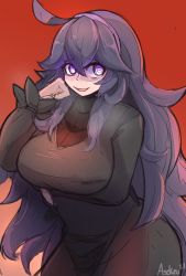 Rule 34 | 1girl, :d, @ @, absurdres, ahoge, alternate breast size, arm under breasts, artist name, asekeu, bad hands, breasts, covered erect nipples, creatures (company), dress, game freak, glowing, glowing eyes, hairband, hand on own cheek, hand on own face, hex maniac (pokemon), highres, large breasts, long dress, long hair, looking at viewer, nintendo, open mouth, pokemon, pokemon xy, purple eyes, purple hair, purple hairband, red background, ribbed dress, shaded face, sidelocks, sketch, smile