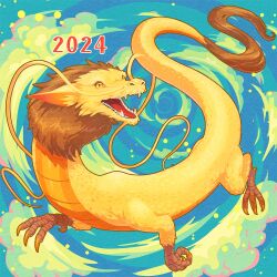 Rule 34 | 2024, blue background, chinese zodiac, cloud, commentary request, dragon, eastern dragon, fangs, highres, matsuki (mikipingpong), no humans, original, sharp teeth, teeth, year of the dragon, yellow eyes