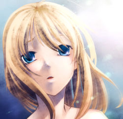 Rule 34 | 1girl, ahoge, artoria pendragon (all), artoria pendragon (fate), bad id, bad pixiv id, blonde hair, blue eyes, fate/stay night, fate (series), female focus, gradient background, lens flare, nude, open mouth, saber (fate), sky, solo, type-moon, uraomote