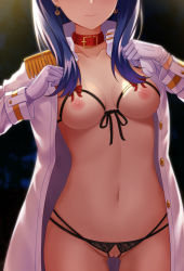 Rule 34 | 10s, 1girl, belly, black panties, blue hair, blush, breasts, collar, crotchless, crotchless panties, gloves, gridman universe, highres, lingerie, long hair, medium breasts, navel, nippleless clothes, nipples, open clothes, open shirt, panties, pussy, rko (a470350510), solo, ssss.gridman, takarada rikka, thong, uncensored, underwear, undressing, uniform