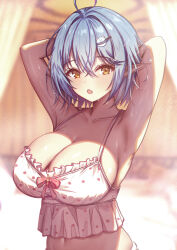 Rule 34 | 1girl, absurdres, ahoge, armpits, arms behind head, arms up, blue hair, blurry, blurry background, breasts, camisole, character hair ornament, cleavage, collarbone, commentary, crop top, daifuku (yukihana lamy), expressionless, hair ornament, highres, hololive, huge breasts, looking at viewer, mito soosu, official alternate costume, parted lips, pointy ears, polka dot, polka dot camisole, short hair, solo, spaghetti strap, sweat, tareme, upper body, very sweaty, virtual youtuber, white camisole, yellow eyes, yukihana lamy, yukihana lamy (loungewear)