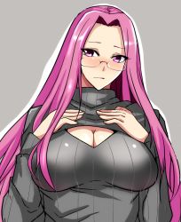 Rule 34 | 1girl, blush, breasts, cleavage, cleavage cutout, clothing cutout, fate/stay night, fate (series), glasses, hifumi hajime, large breasts, long hair, medusa (fate), medusa (rider) (fate), meme attire, open-chest sweater, purple eyes, purple hair, ribbed sweater, solo, sweater, turtleneck, very long hair