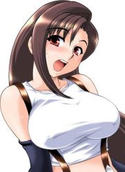 Rule 34 | 1girl, bare shoulders, blush, breasts, brown hair, detached sleeves, elbow gloves, final fantasy, final fantasy vii, gloves, huge breasts, jpeg artifacts, large breasts, long hair, looking at viewer, midriff, red eyes, shirt, simple background, sleeveless, solo, suspenders, sweat, sweatdrop, taut clothes, taut shirt, tifa lockhart, toushi ryoku, very long hair, white background