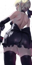 Rule 34 | 1girl, artoria pendragon (all), artoria pendragon (fate), bare back, bare shoulders, black dress, black gloves, black ribbon, black thighhighs, blonde hair, dress, fate/grand order, fate (series), from behind, gloves, hair ribbon, highres, looking at viewer, ribbon, saber alter, short hair, simple background, solo, standing, thighhighs, thighs, torriet, white background, yellow eyes, zettai ryouiki