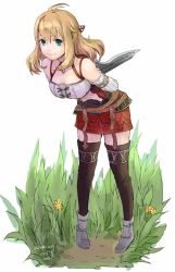 Rule 34 | 1girl, ahoge, arms behind back, blonde hair, breasts, field, fiora (xenoblade), full body, green eyes, leaning forward, long hair, looking at viewer, medium breasts, nintendo, robaco, simple background, smile, solo, standing, sword, weapon, xenoblade chronicles (series), xenoblade chronicles 1, xenoblade chronicles (series)